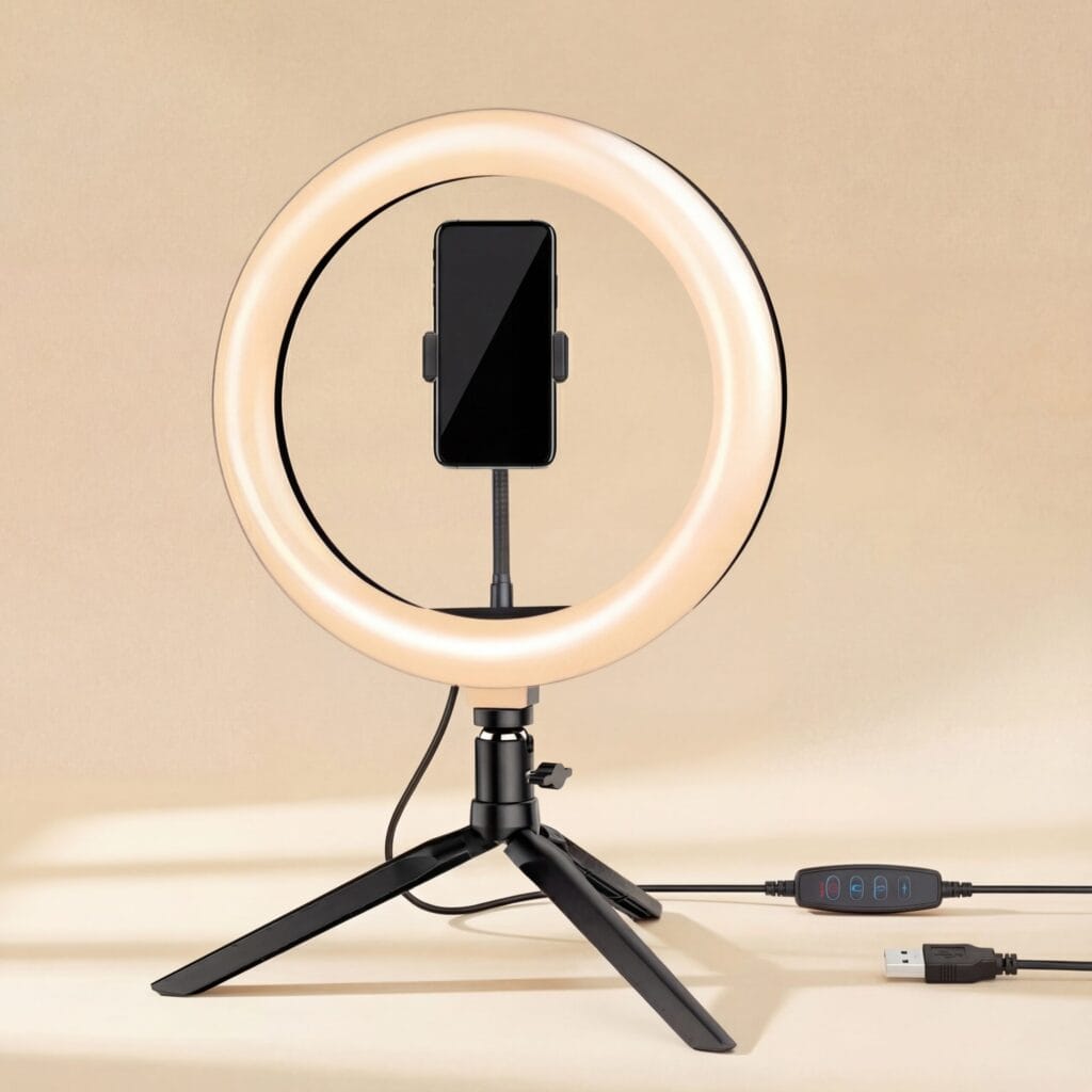 Mini ring light LED de bureau sur trépied pour smartphone et télétravail.
